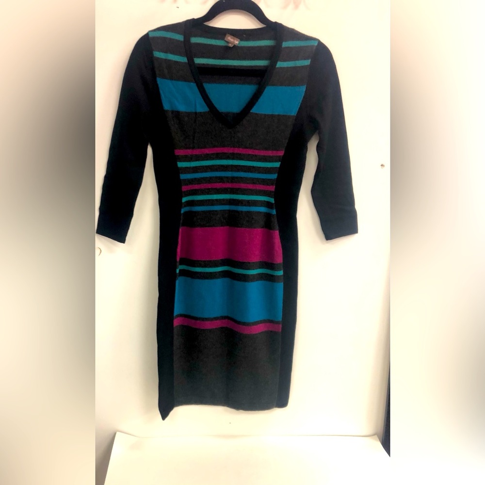 PHASE EIGHT KNITTED DRESS MULTICOLOURED WOOL MIX 3/4 SLEEVES V NECK SIZE 8